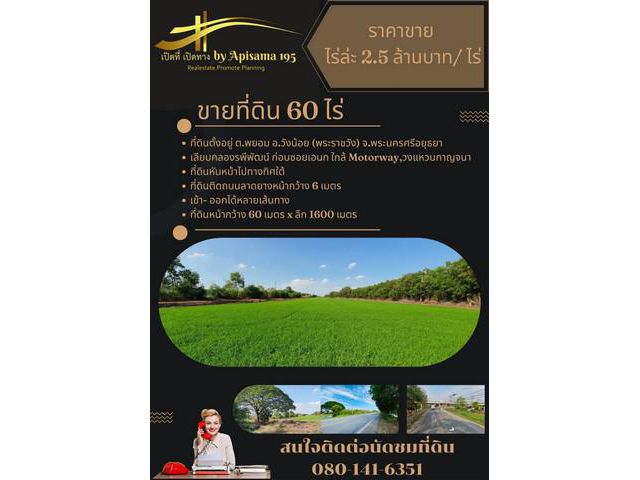 ขายที่ดิน 60 ไร่ ติดถนนเลียบคลอง  จ.อยุธยา