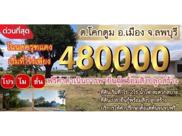 ขายที่ดินเปล่า เพียง 1200 ต่อตารางวา ต.โคกตูม ลพบุรี