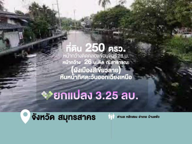 ที่ดิน 250 ตรว.  หน้ากว้างติดคลองเขื่อนขันธ์ 28 ม. หน้ากว้าง  26 ม.ติด ถ.สาธารณะ (ผังเมืองสีเขียวลาย) หันหน้าทิศตะวันออกเฉียงเหนือ   