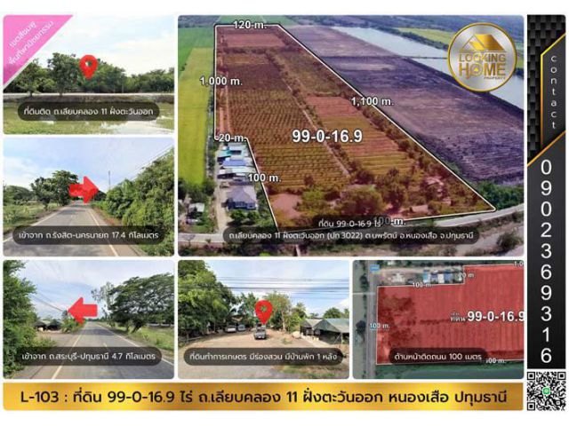 L-103 : ที่ดิน 99-0-16.9 ไร่ ถ.เลียบคลอง 11 ฝั่งตะวันออก (ปท.3022) หนองเสือ ปทุมธานี