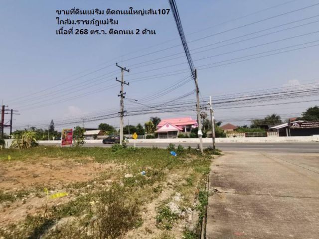 ขายที่ดินแม่ริม ติดถนนใหญ่เส้น107 ใกล้ม.ราชภัฎแม่ริม เนื้อที่ 268 ตร.ว. ติดถนน 2 ด้าน