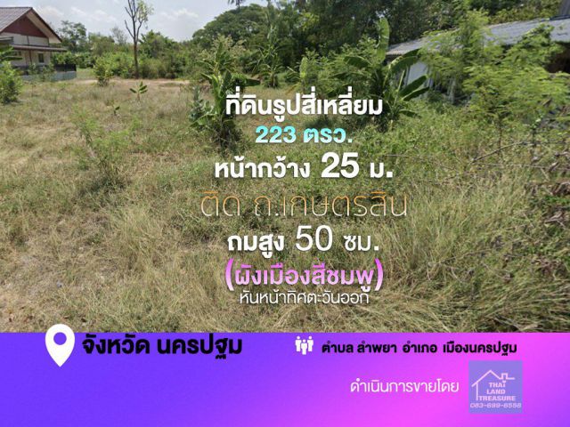 ที่ดินรูปสี่เหลี่ยมสวยงาม  223 ตรว.  หน้ากว้าง 25 ม.ติด ถ.เกษตรสิน ถมสูง 50 ซม.  (ผังเมืองสีชมพู) หันหน้าทิศตะวันออก