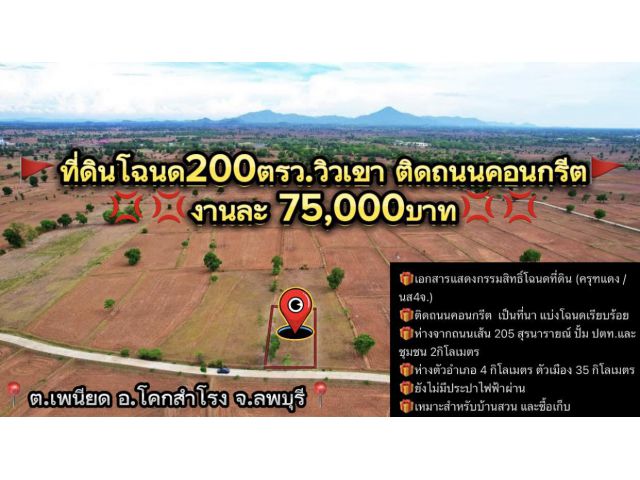 ที่ดินโฉนด200ตรว.วิวเขา ติดถนนคอนกรีต งานละ 75,000บาท