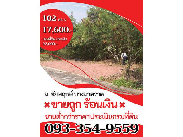 ขายถูก ร้อนเงิน ที่ดิน 102 ตรว. ม ชัยพฤกษ์ บางนาตราด กม. 18 อ. บางพลี ต่ำกว่าประเมินกรมที่ดิน