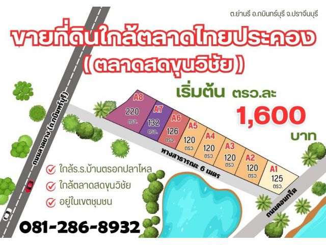 เปิดขายที่ดินย่านรีโครงการใหม่หลังตลาดไทยประคอง เนื้อที่เริ่มต้น 120 ตรว. เหมาราคาแสนนิดๆ หลังร.พ.กบินทร์ จ.ปราจีนบุรี