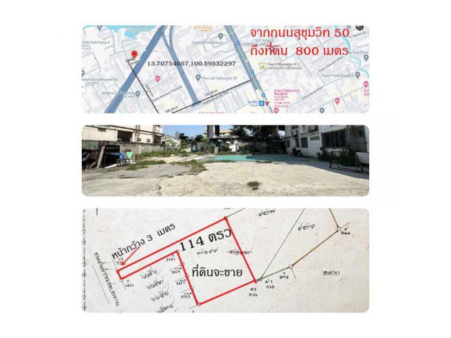 ขายที่ดิน 114 ตรว. สุขุมวิท 50 เข้าซอย 500 เมตรและเข้าซอยอีก 300 เมตร