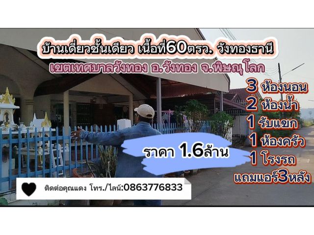 บ้านเดี่ยวชั้นเดียว เนื้อที่60ตรว. เขตเทศบาลวังทอง อ.วังทอง พิษณุโลก