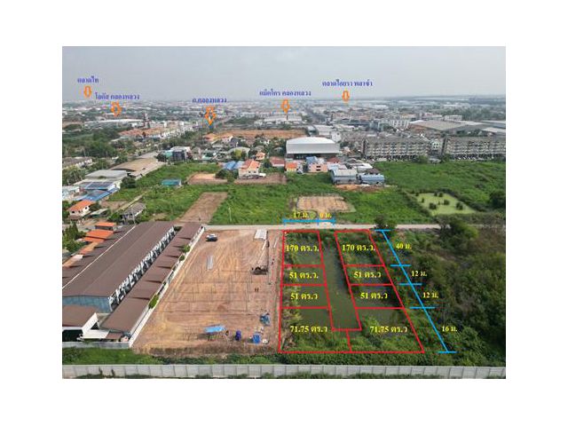 ขายที่ดิน 51 - 170 ตร.ว. คลอง 2 คลองหลวง ซอย นาวี 3 ใกล้ตลาดไท ตรงข้ามแม็คโคร !@