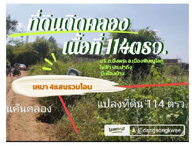 ที่ดินติดคลอง  114ตรว. ม.5 ต.บึงพระ  .เมือง พิษณุโลก