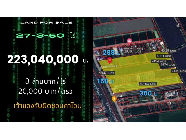 ที่ดินติดถนนเลียบคลองนราภิรมย์ อ.บางใหญ่ จ.นนทบุรี