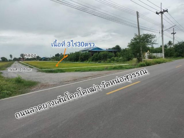 ขายที่ดิน3ไร่30ตรว. ติดถนนลาดยาง เขตชุมชน ต.โคกโคเฒ่า อ.เมือง สุพรรณบุรี