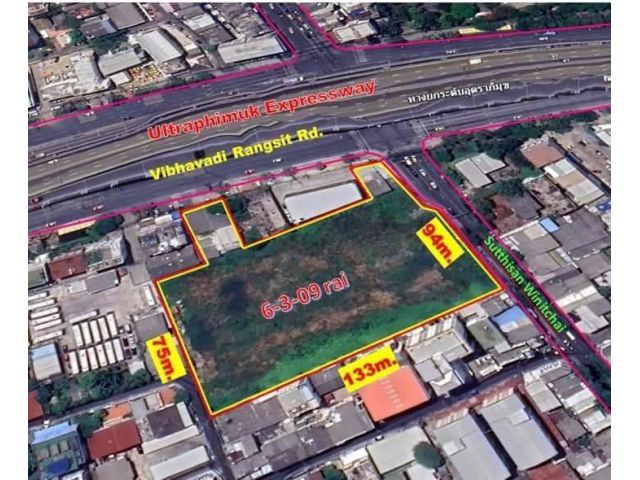 R624-066ขายที่ดิน 6 ไร่ แปลงสวยติดถ.สุทธิสารวินิจฉัย- ถ.วิภาวดีรังสิตเนื้อที่ 6-3-09 ไรท( 2,709 ตรว.)หน้ากว้าง 94 เมตร ด้านหลังกว้าง 75 เมตร ลึก