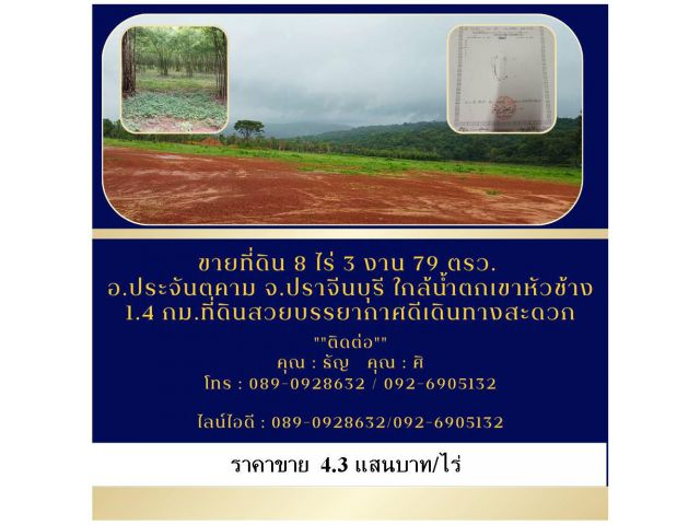 ขายที่ดิน8ไร่3งาน79ตรวอ.ประจันตคาม จ.ปราจีนบุรีใกล้น้ำตกเขาหัวช้าง 1.4 กม.ที่ดินสวยบรรยากาศดีเดินทางสะดวก