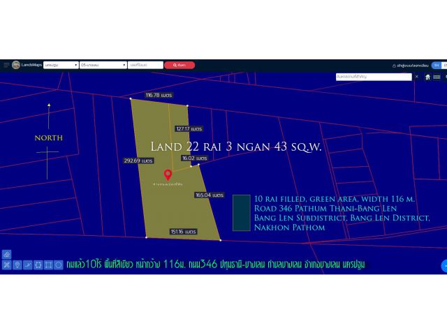 ที่ดิน23ไร่  ถมแล้ว10ไร่  หน้ากว้าง 116ม. พื้นที่สีเขียว ถนน346 ปทุมธานี-บางเลน ตำบลบางเลน อำเภอบางเลน นครปฐม