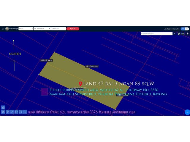 ที่ดิน47ไร่3งาน89ตรว. ถมแล้ว พื้นที่สีม่วงลาย หน้ากว้าง 163ม. ถนน ทางหลวงหมายเลข3376 ตำบล มะขามคู่ อำเภอนิคมพัฒนา ระยอง