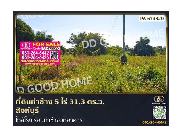 ที่ดินท่าช้าง 5 ไร่ 31.3 ตร.ว. สิงห์บุรี ใกล้โรงเรียนท่าช้างวิทยาคาร