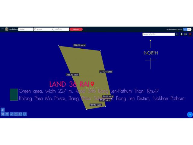 ที่ดิน36ไร่ พื้นที่สีเขียว หน้ากว้าง 227ม. ถนน346 ปทุมธานี-บางเลน ตำบล บางภาษี อำเภอบางเลน นครปฐม