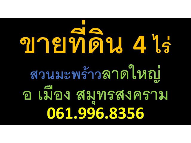 ขายที่ดิน 4 ไร่  สวนมะพร้าวลาดใหญ่ อ เมือง สมุทรสงคราม 061.996.8356