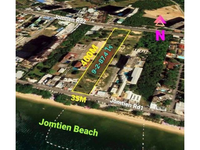 R624-88ขายที่ดิน 9 ไร่ ติดชายหาดจอมเทียน พัทยา / Land for sale 9 rai Pattaya Jomtien Beach เนื้อที่/Area 9-2-87.4 ไร่/rai  (3,887.4