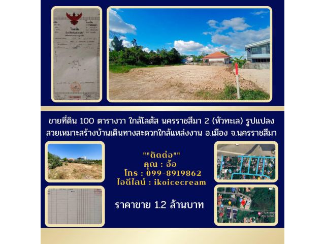 ขายที่ดิน100ตารางวาใกล้โลตัส นครราชสีมา2(หัวทะเล)รูปแปลงสวยเหมาะสร้างบ้านเดินทางสะดวกใกล้แหล่งงานอ.เมือง จ.นครราชสีมา