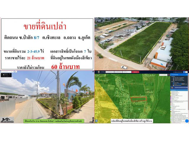 ขายที่ดินเปล่า ขนาด 2-3-45.9 ไร่  **ติดถนน ซ.ป่าสัก 8/7 เชิงทะเล**  อ.ถลาง ภูเก็ต**