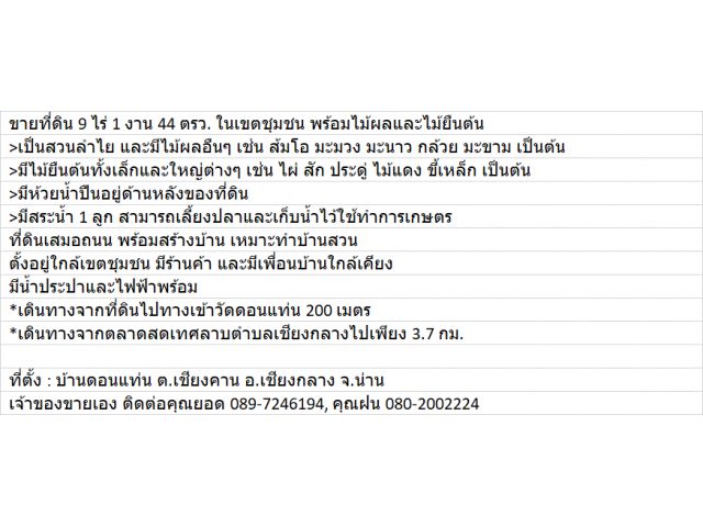 ขายที่ดิน 9 ไร่ 1 งาน 44 ตรว. ในเขตชุมชน พร้อมไม้ผลและไม้ยืนต้น