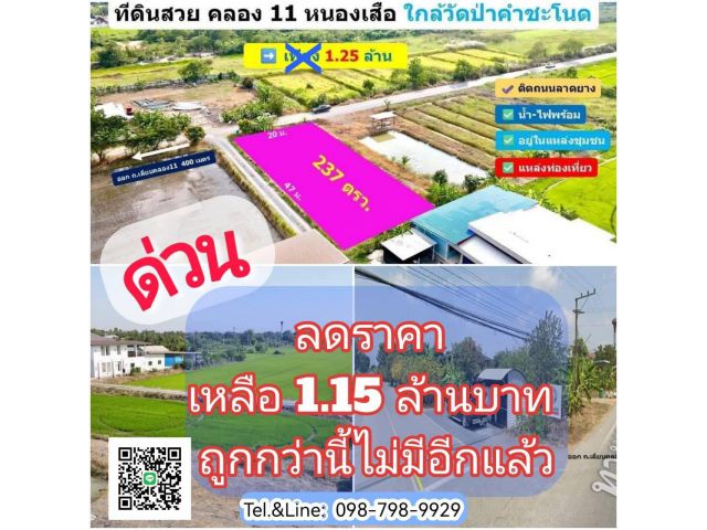 ที่ดินสวย ทำเลดี ติดถนนลาดยาง 237 ตรว. จาก1.25 ล้าน ลดเหลือ 1.15 ล้านบาท คลอง 11 หนองเสือ ปทุมธานี