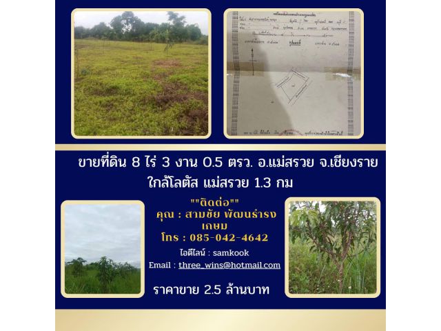 ขายที่ดิน8ไร่3งาน0.5 ตรว.อ.แม่สรวยจ.เชียงรายใกล้โลตัส แม่สรวย1.3 กม